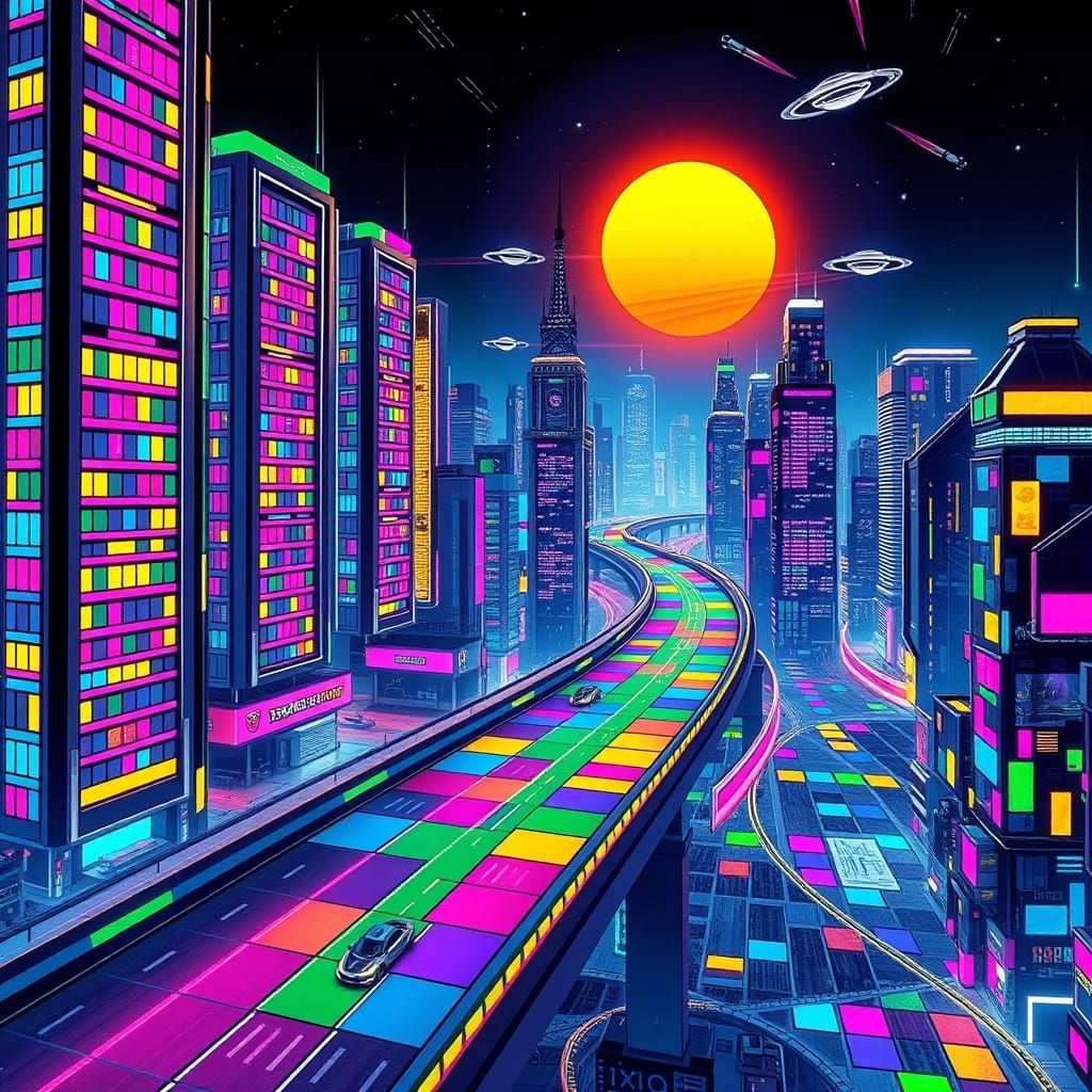 Futuristic Cityscape at Night in Cyberpunk Style