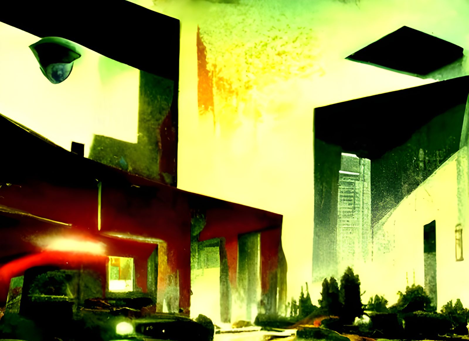 Brutalist Karma Police Station in Dystopian Cityscape