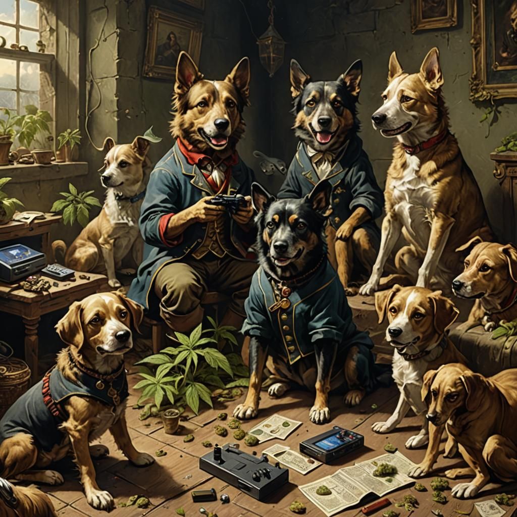 Dogs Rolling Cannabis in a Dark Fantasy Style