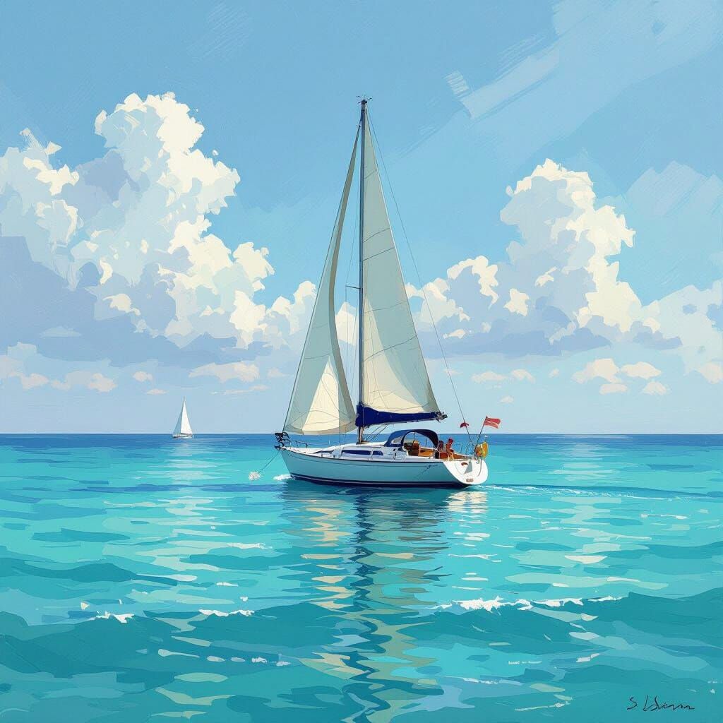 Sailboat on Turquoise Ocean in Impressionist Style