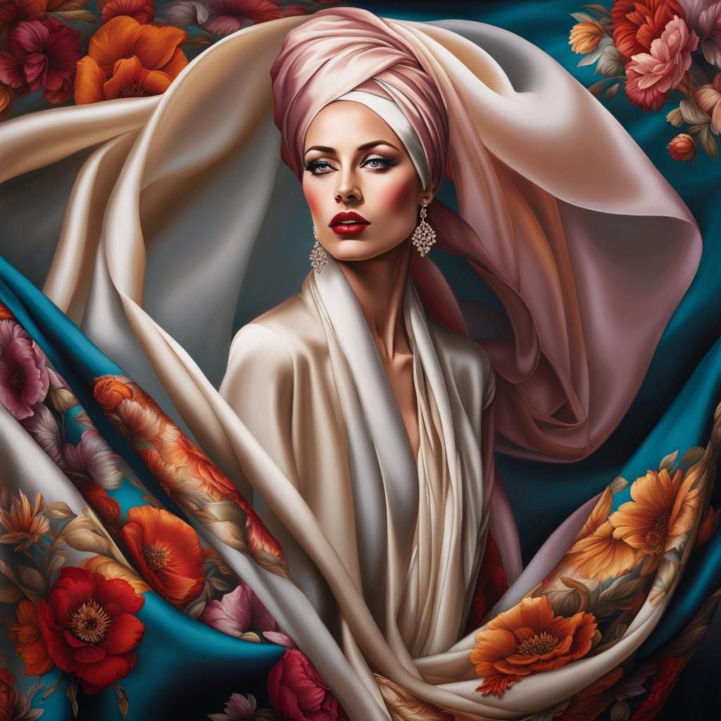 Elegant Lady in Flowing Headscarf, Anime Style