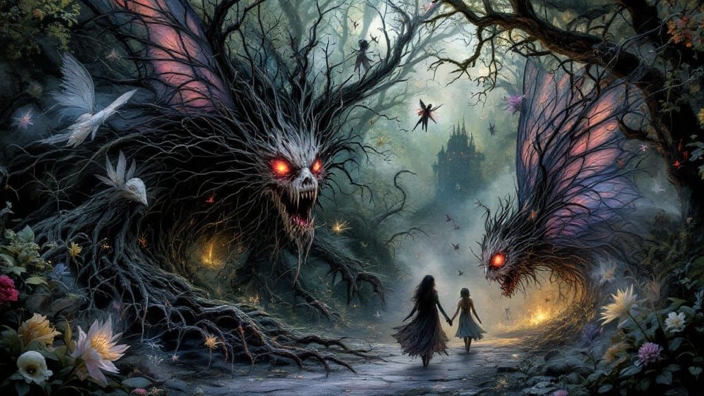 Dark Fantastical Fairies in Whimsical Nightmare Landscape