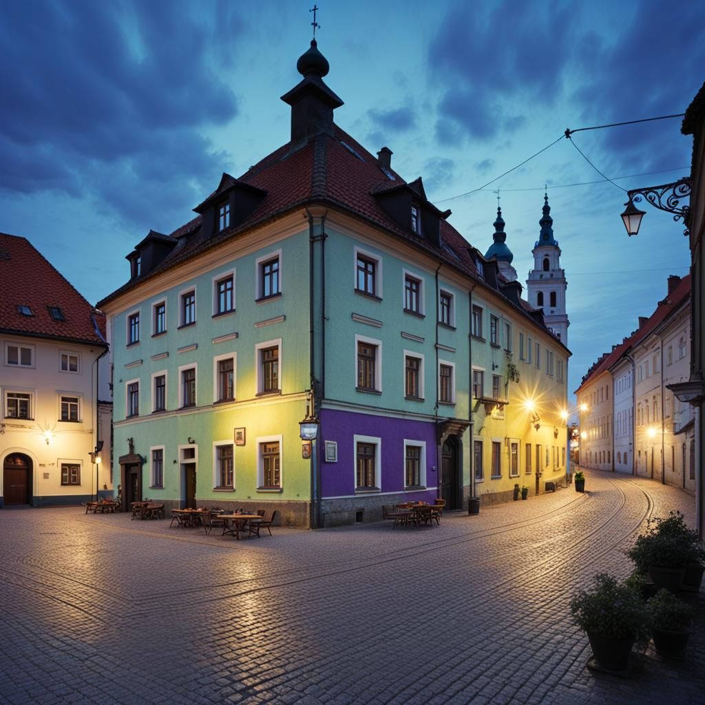 City in Clouds: Lightning Strikes in Violet and Emerald