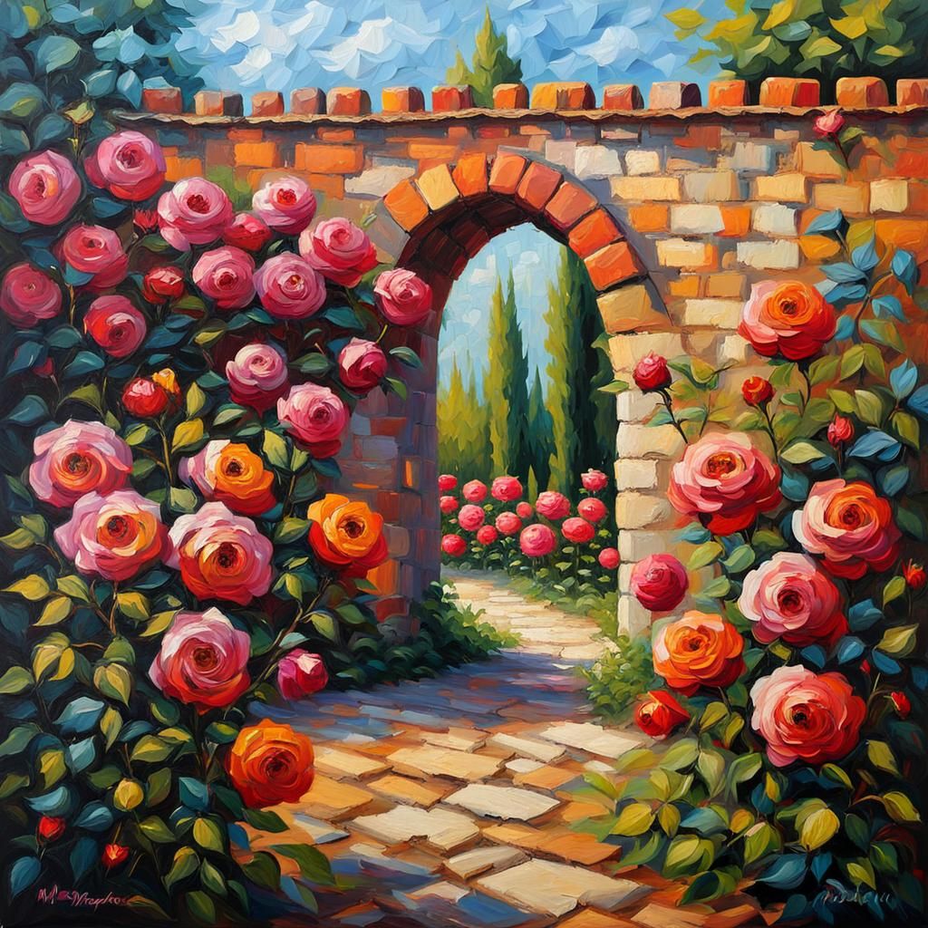 Colorful Impasto Rose Garden in Medieval Style