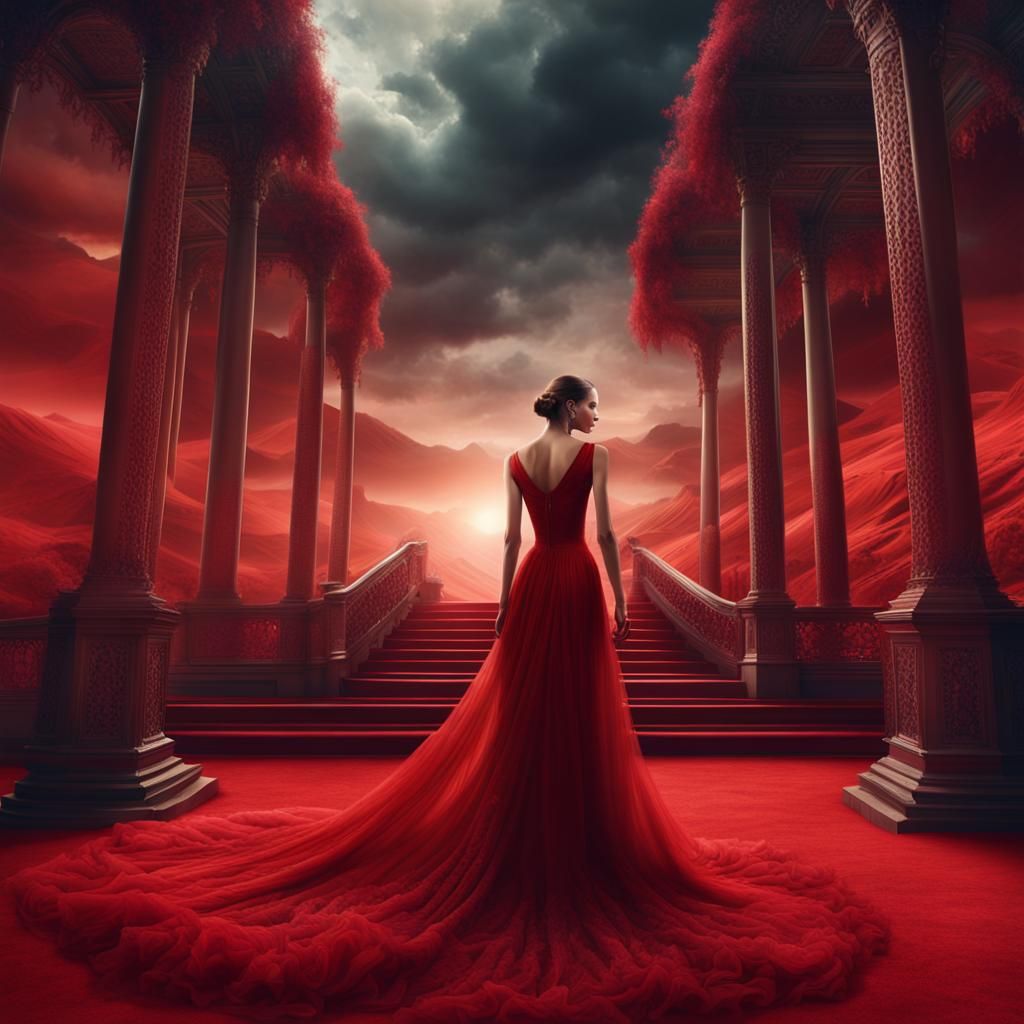 Model in Red Dress on Red Carpet