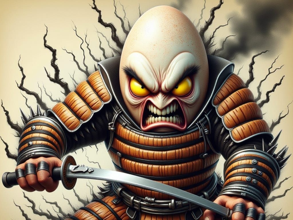 Furious Egg Samurai with Katana in Ink-Wash Style