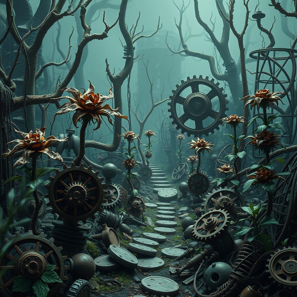 Steampunk Clockwork Garden in Abandoned Wasteland