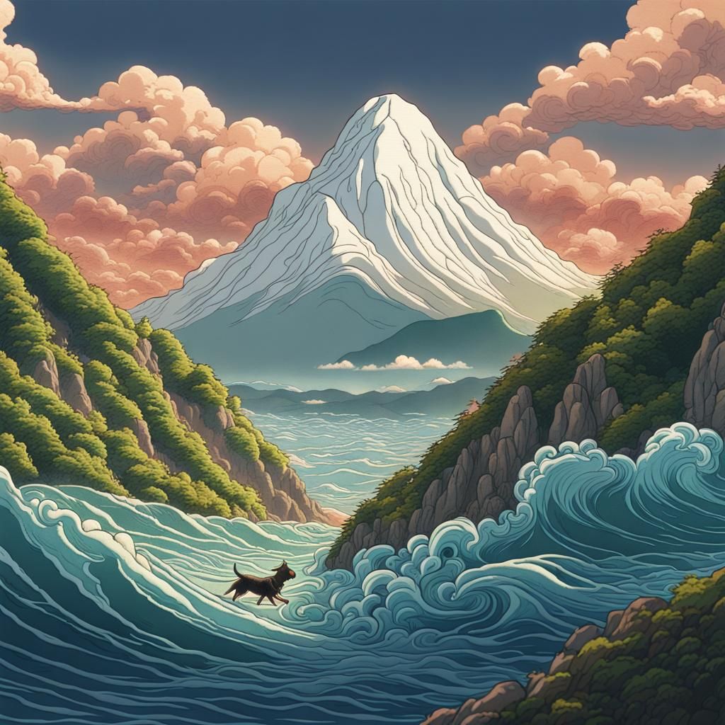 Ghibli-esque Embroidery Logo of Dog, Mountain, Waves