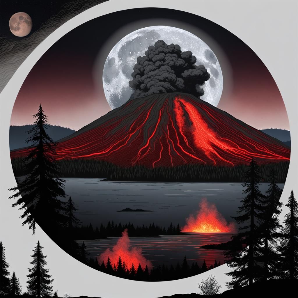 Night Volcano Eruption Under Full Moon