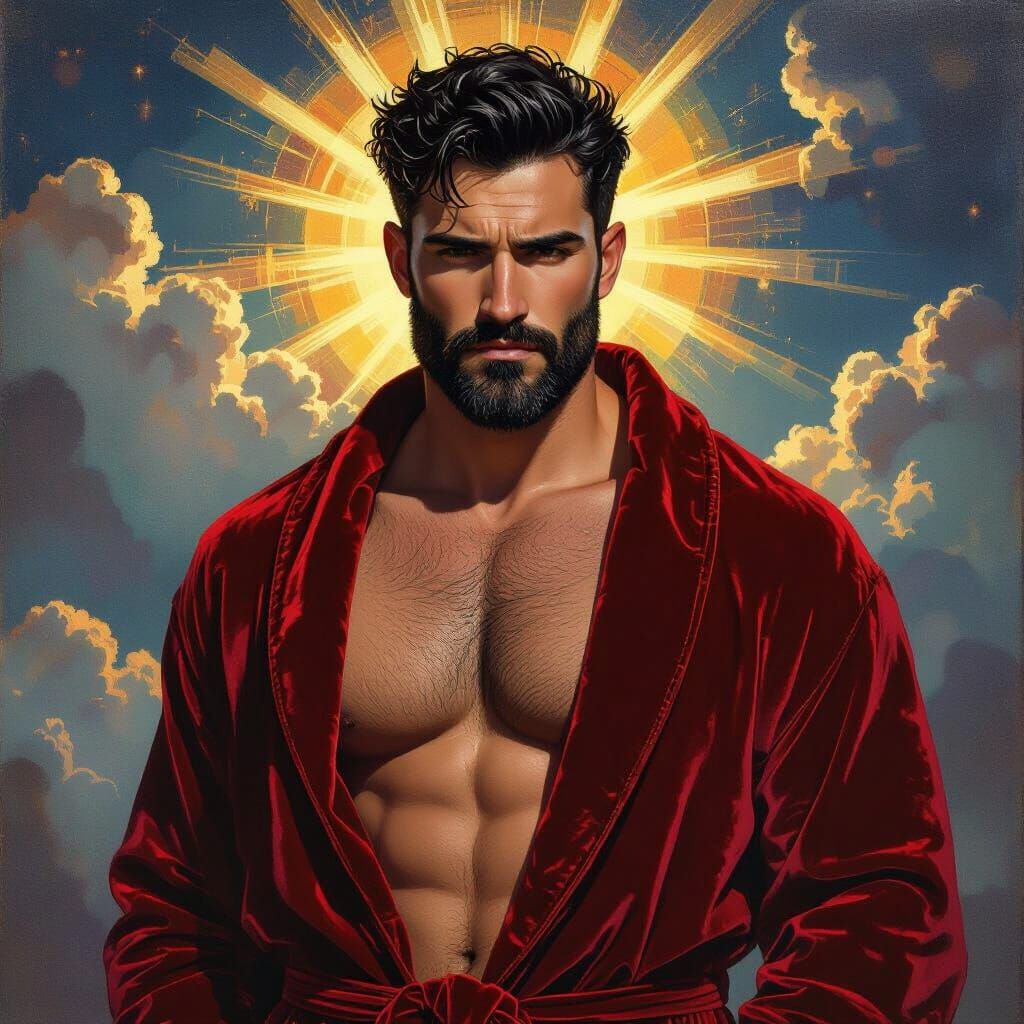 Handsome Man in Velvet Robe Under Heavenly Skies