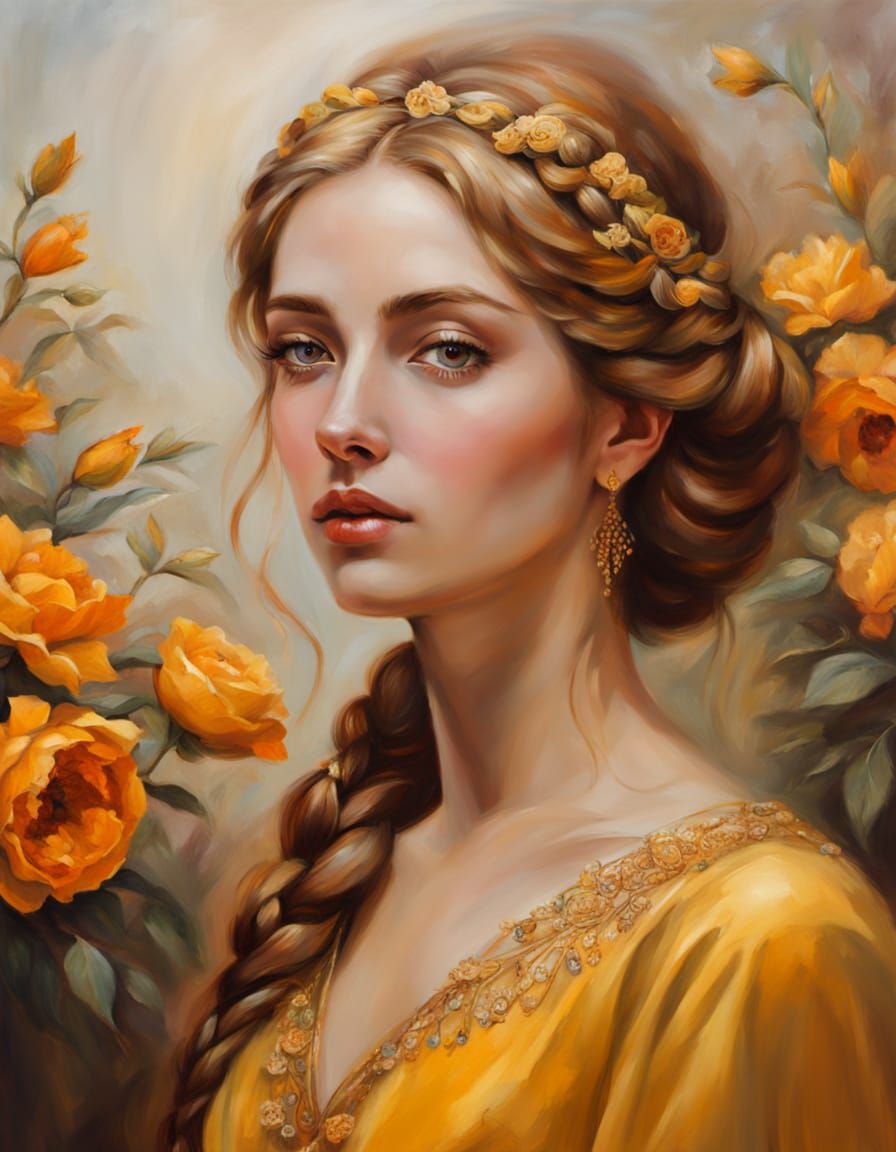 Portrait of Woman in Gold Gown as Oil Painting