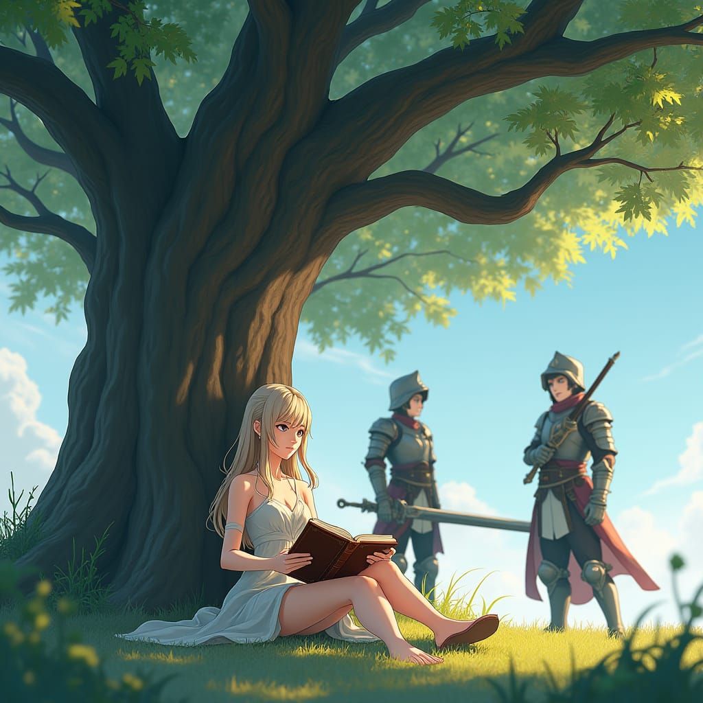 Elegant Woman Reading, Protected by Armored Guards in 3D Ani...