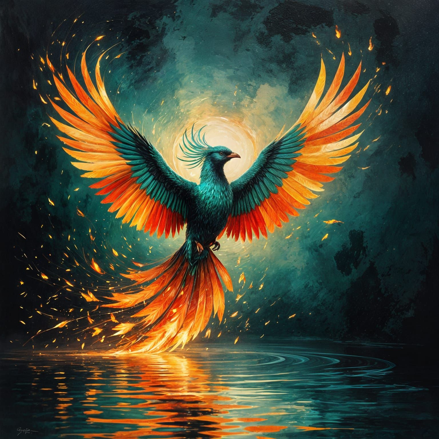 Mystical Bird Transforms into Fire: Gouache Painting