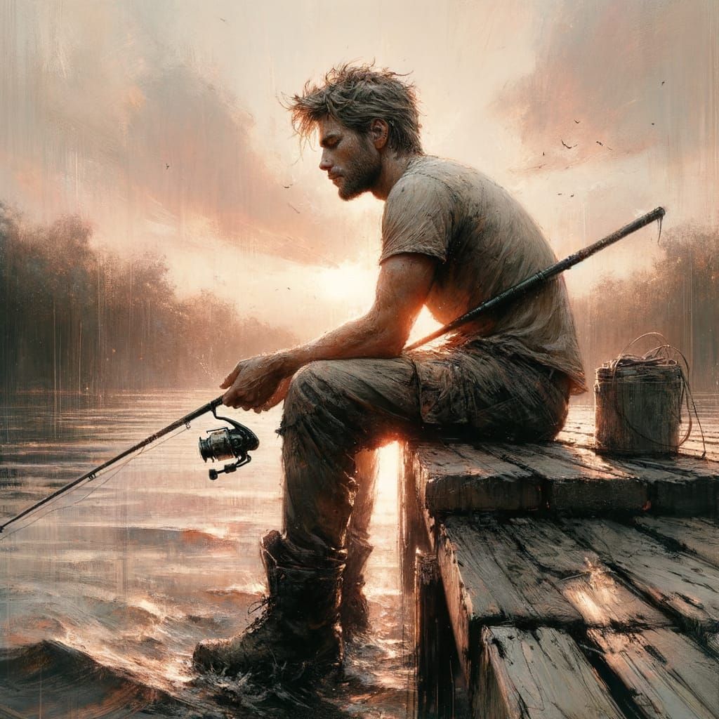 Serene Sunset Fisherman in Fantasy Landscape