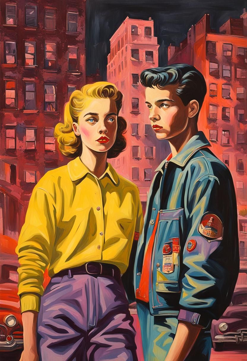 1950s Teenagers in Neon Cityscape