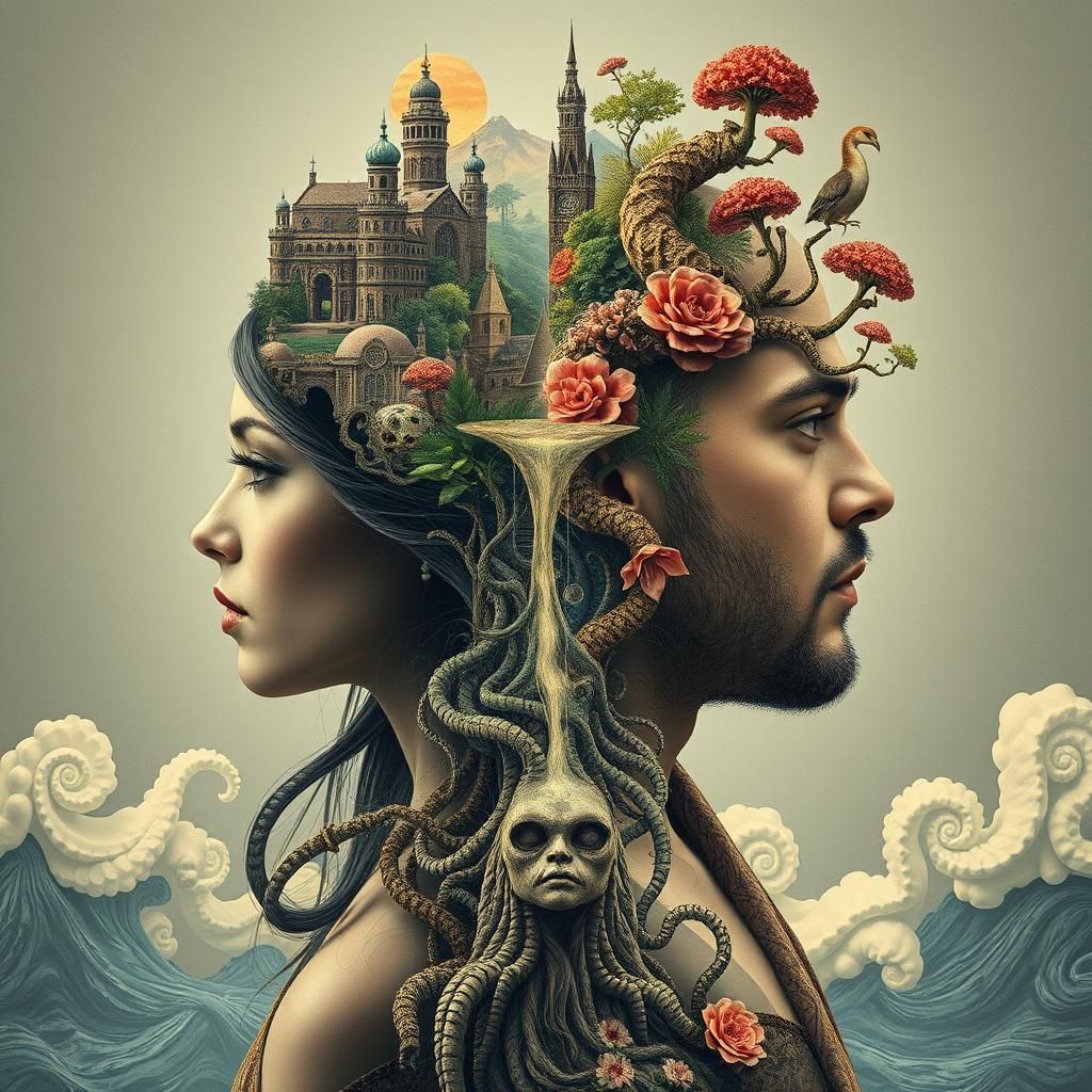 Intricate Mindscape: Woman and Man in Surreal Harmony