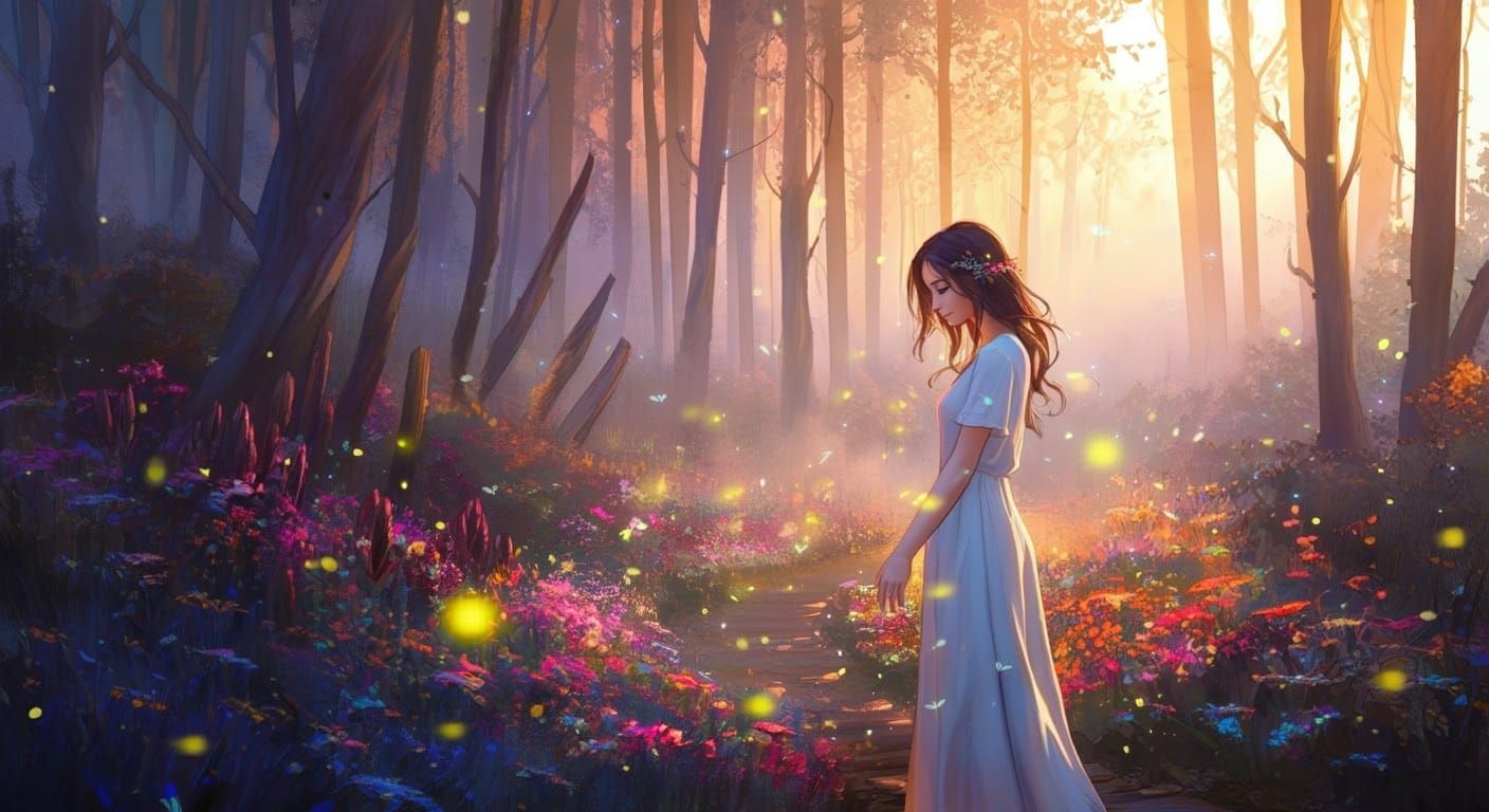 Woman in Iridescent Forest at Golden Hour