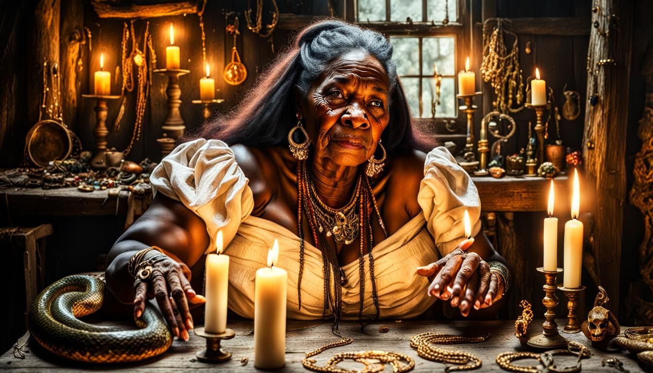 Voodoo Priestess in Cabin with Snake, Hyperreal Style
