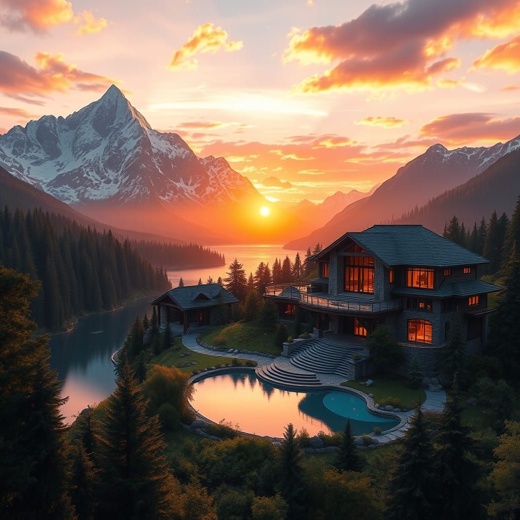 Mountain Sunset with Modern Mansion in Exquisite Detail