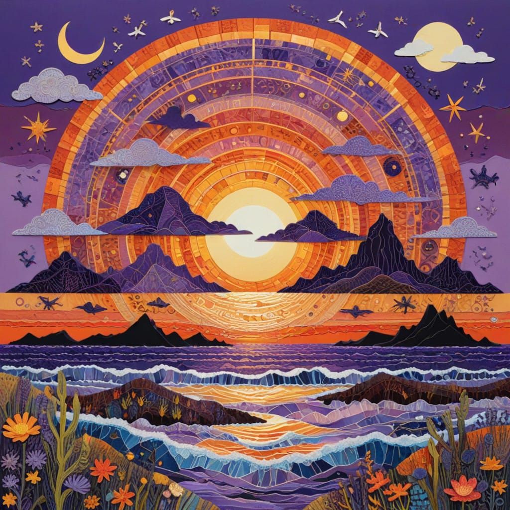 Whimsical Sunset Ocean Poster in Collage Art Style