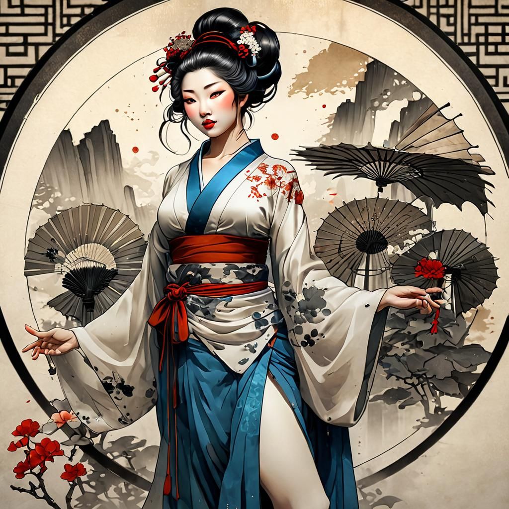 Chinese ink painting of a beautiful smiling geisha.  Milo Ma...