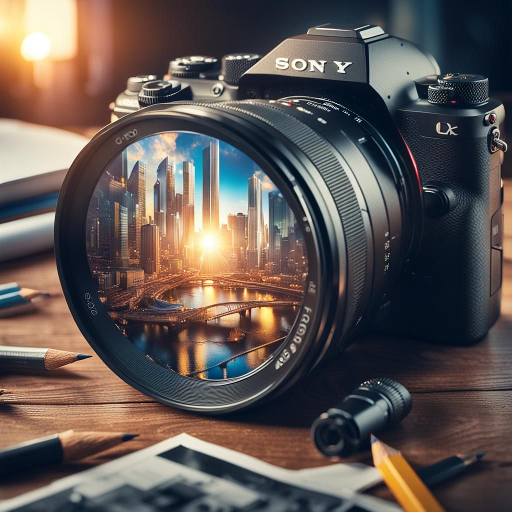 Futuristic Cityscape Reflected in Camera Lens