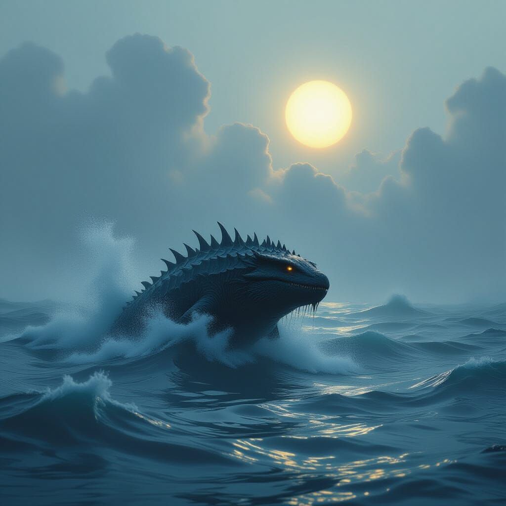 Sea Monster Emerges from Foggy Sea, Airbrushed Style