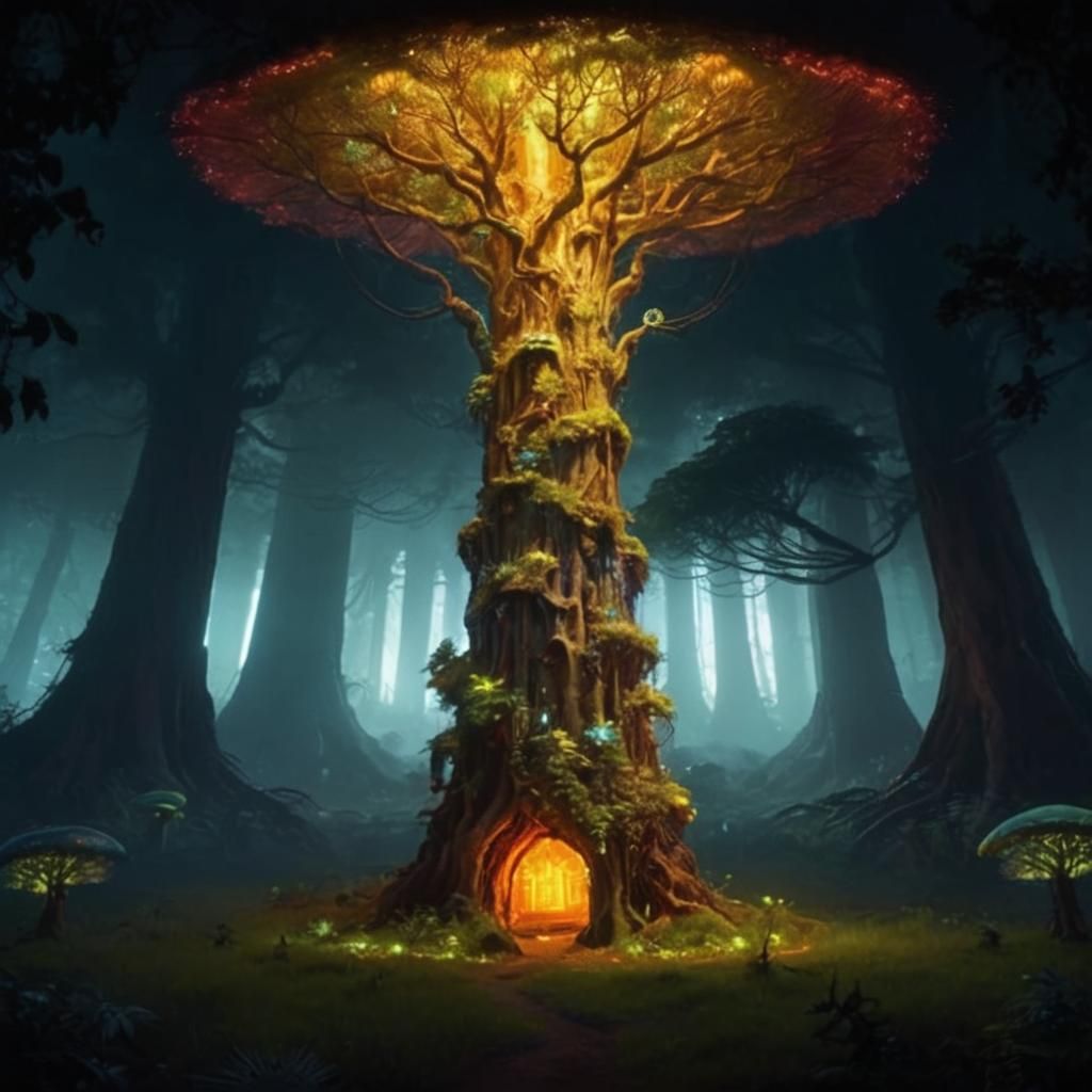 Bioluminescent Hive-Web City Bulging from Giant Trees