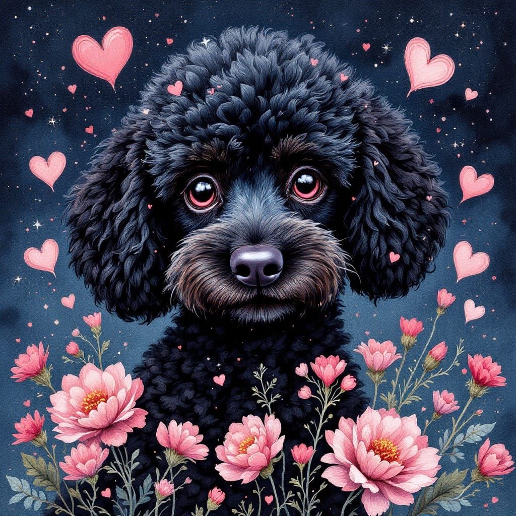 Whimsical Black Poodle in a Mystical Dreamlike Scene