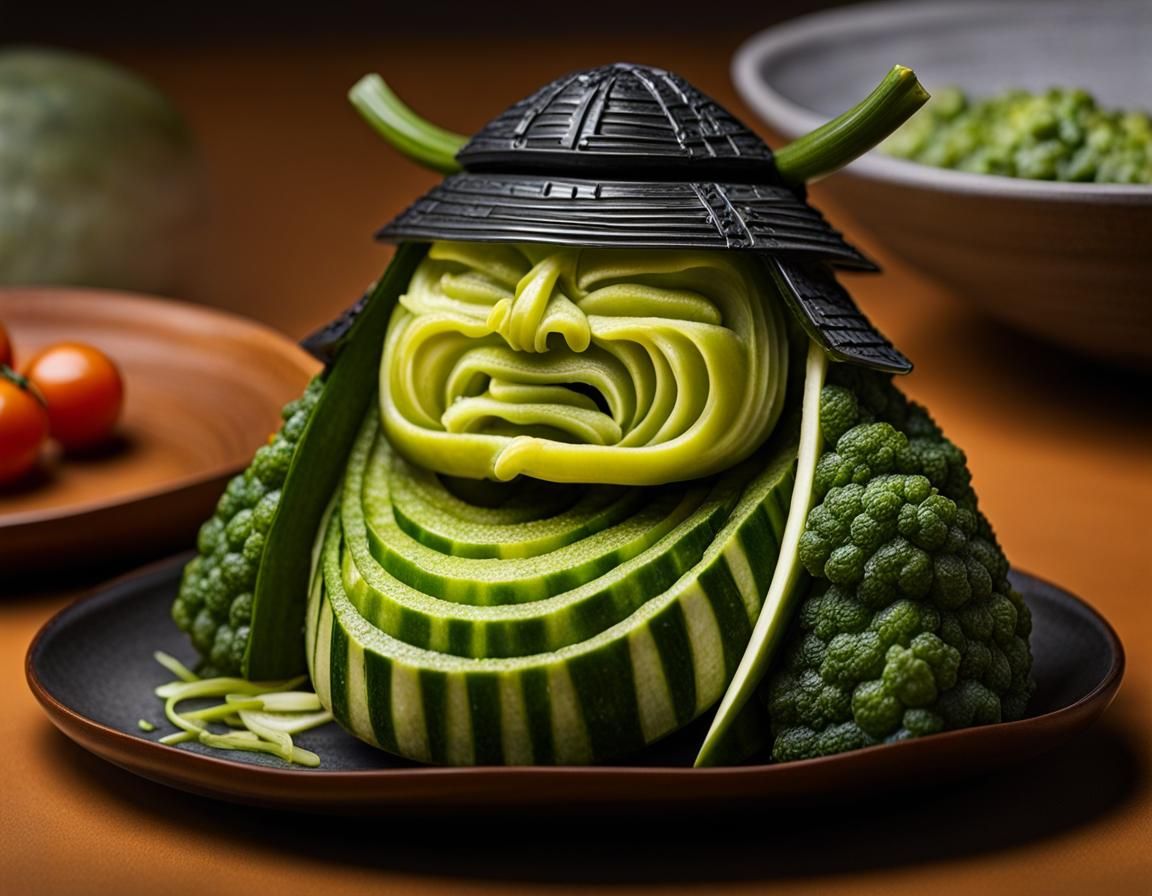 Zucchini Samurai Food Sculpture in Diorama
