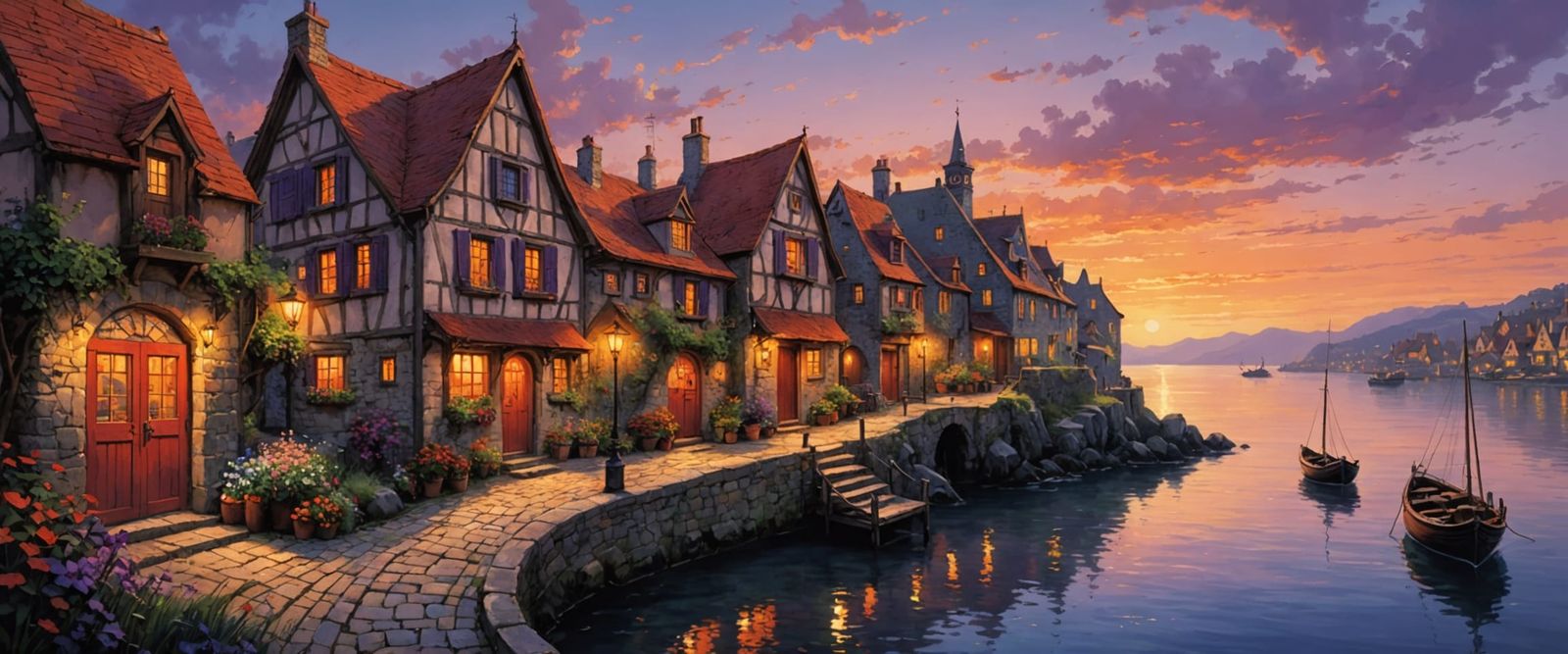 Sunset Harbour Village in Impressionist Style