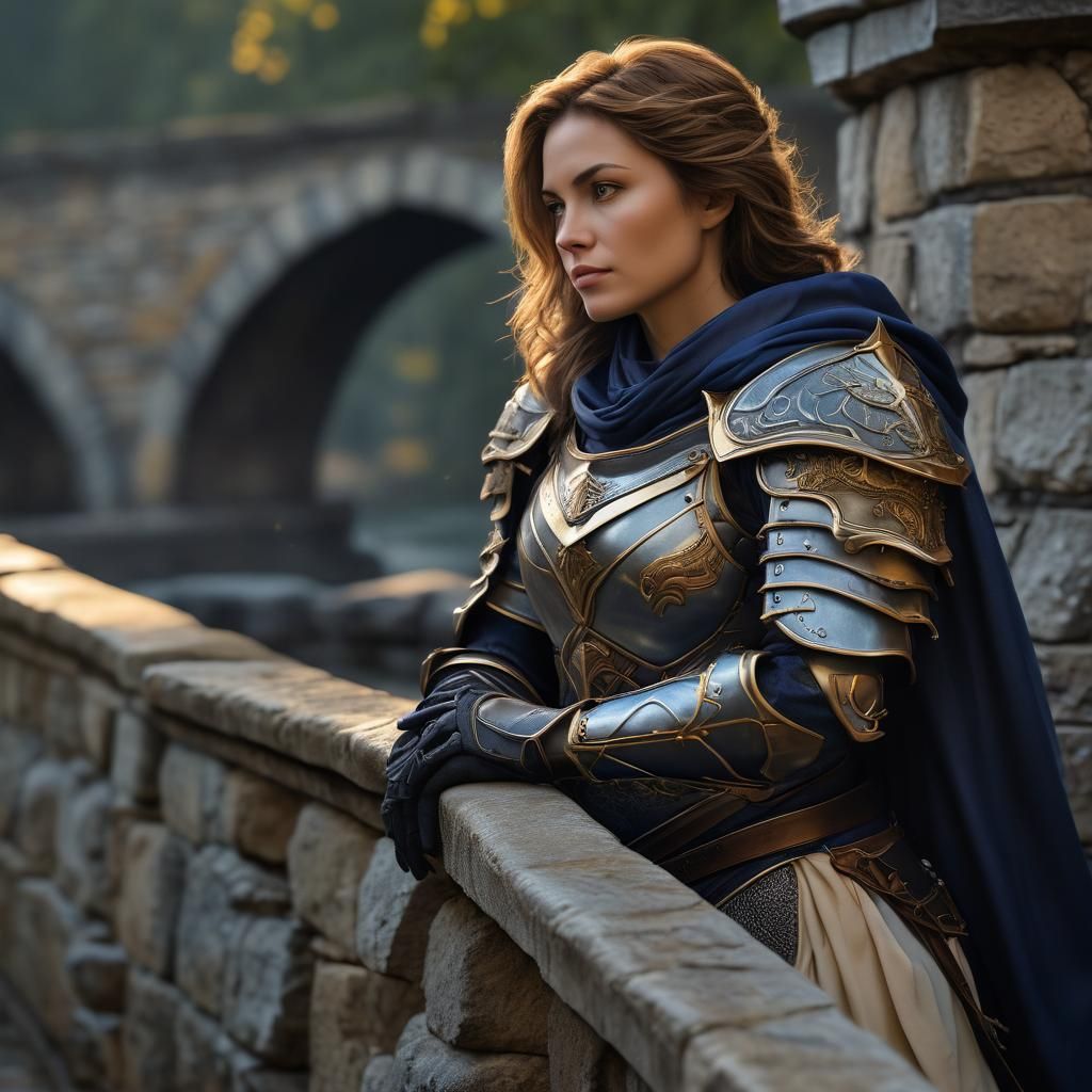 Elegant Female Paladin on Stone Bridge