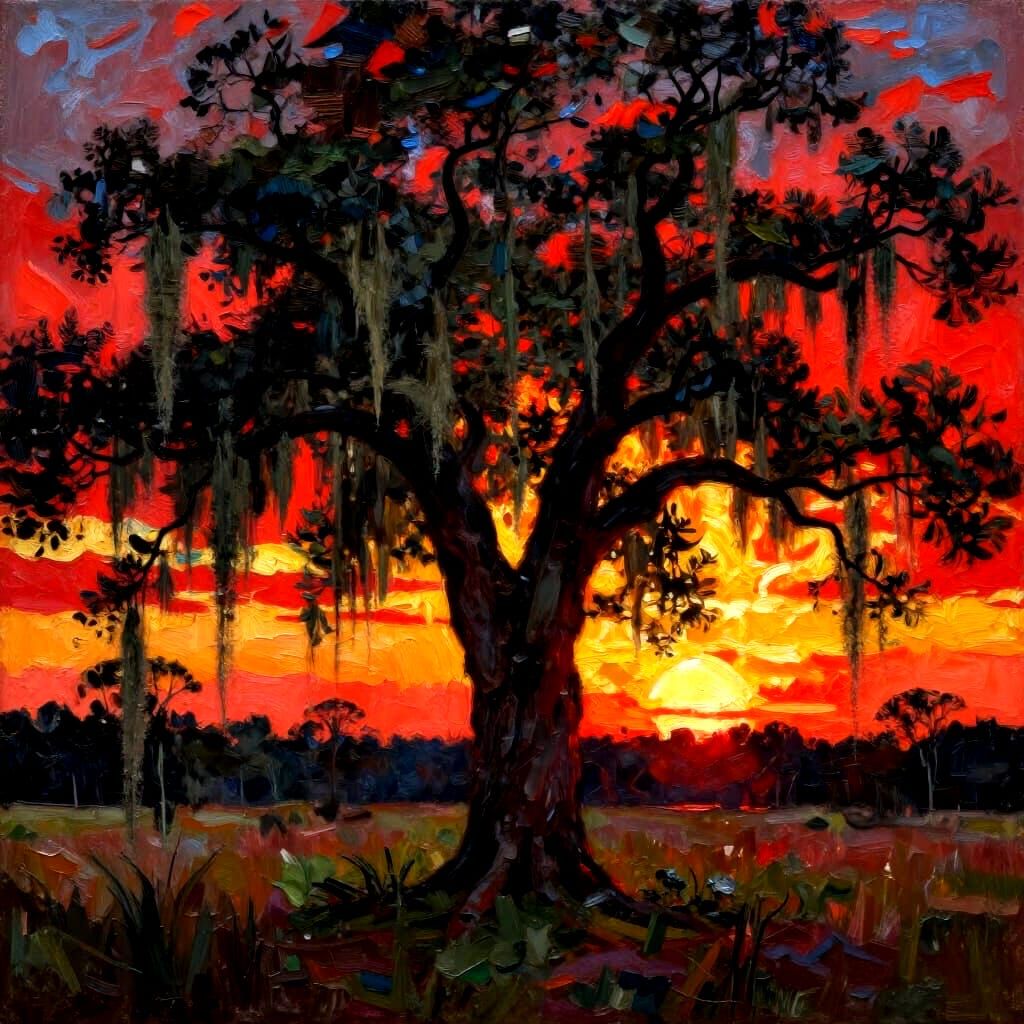 Dramatic Live Oak Silhouette at Sunset in Florida Everglades