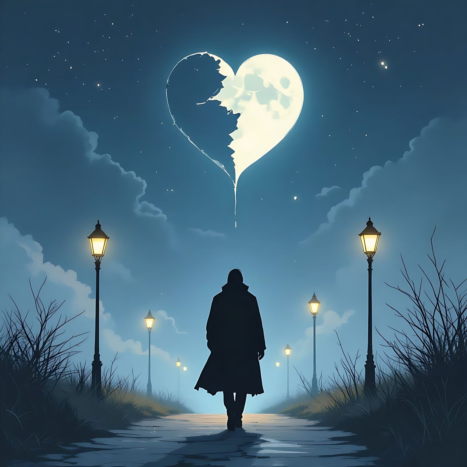 Heart-Shaped Moon Cracked Over Lonely Path