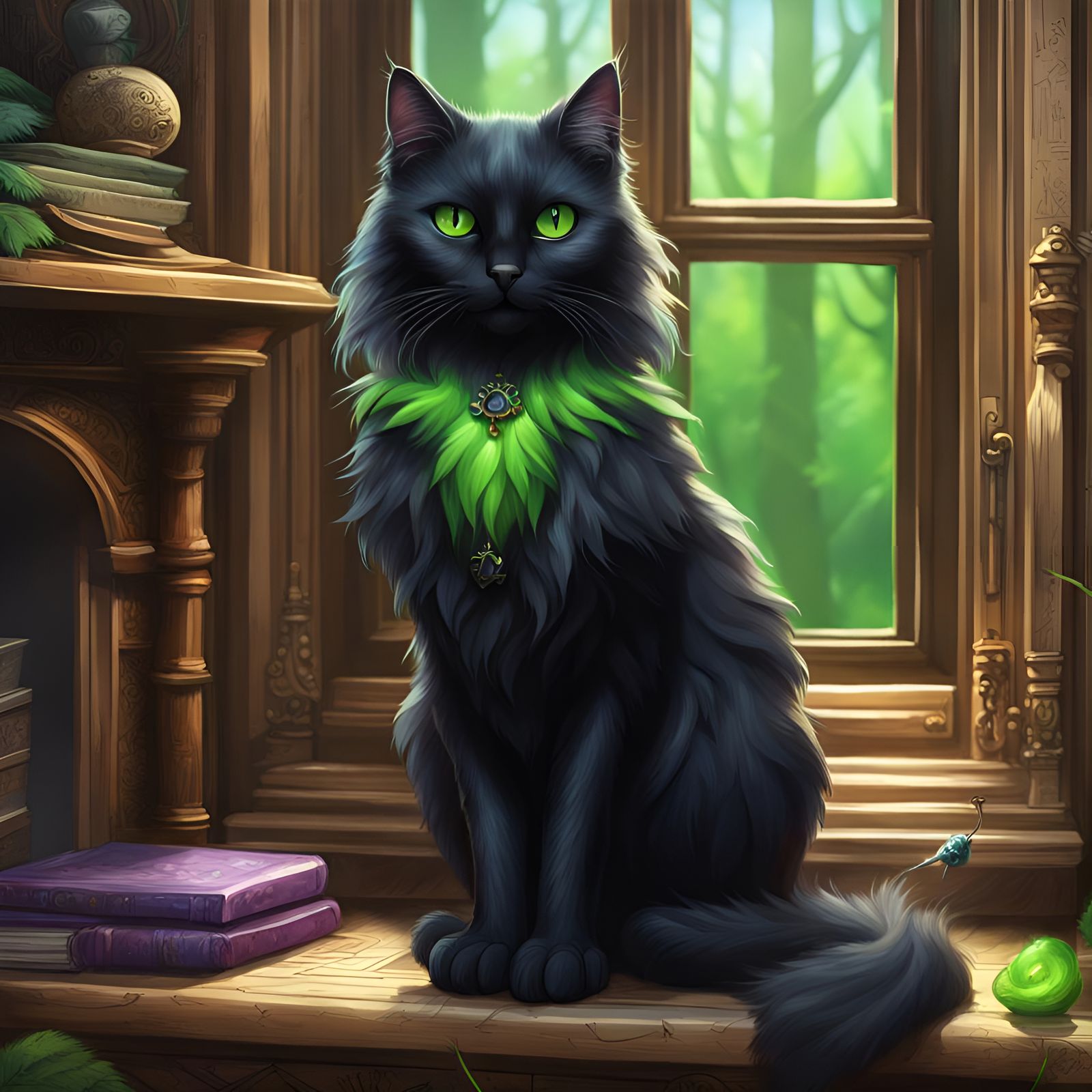 Black Cat Plays with Green Feathers