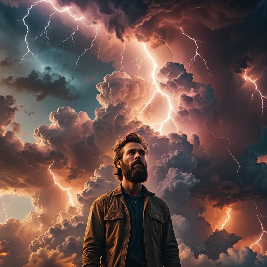 Epic Cloudscape: Man in Lightning Storm, Digital Art