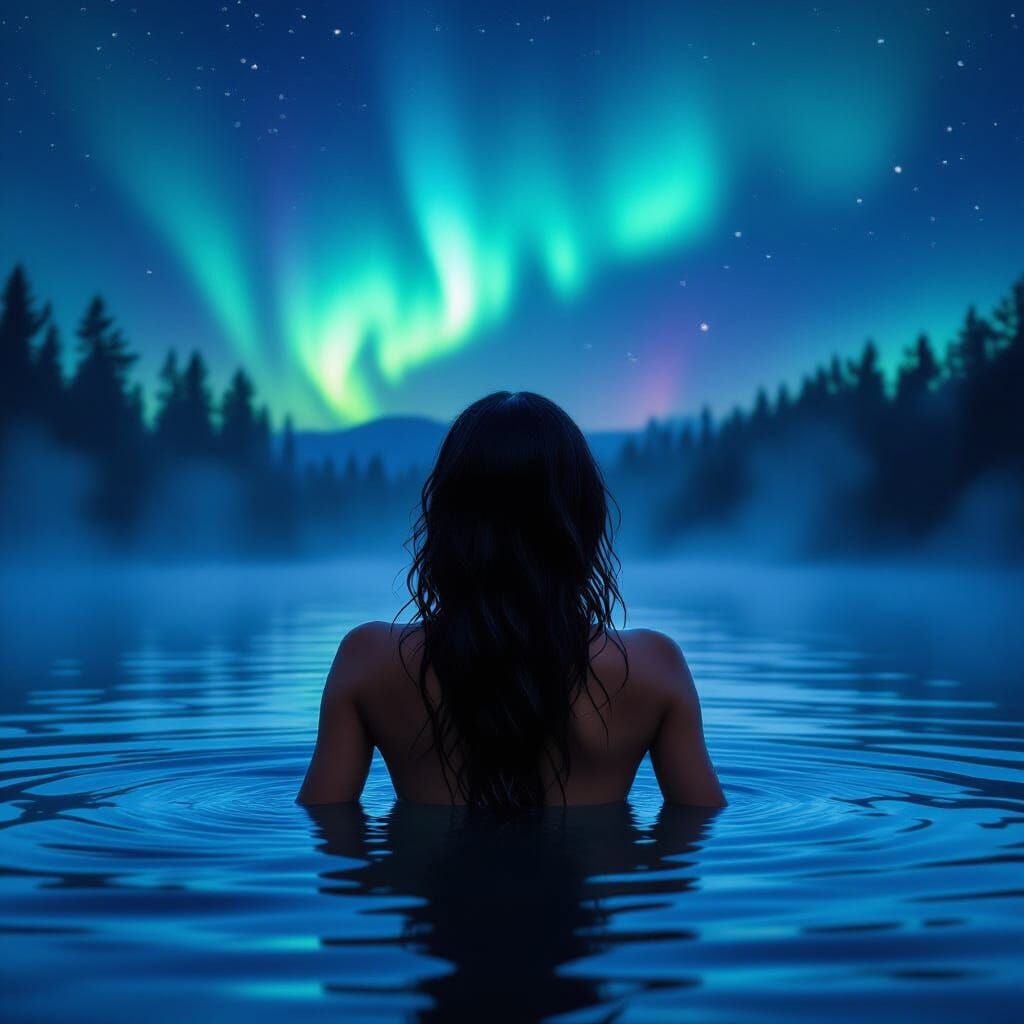 Woman Bathes Under Magical Northern Lights in Forest Lake