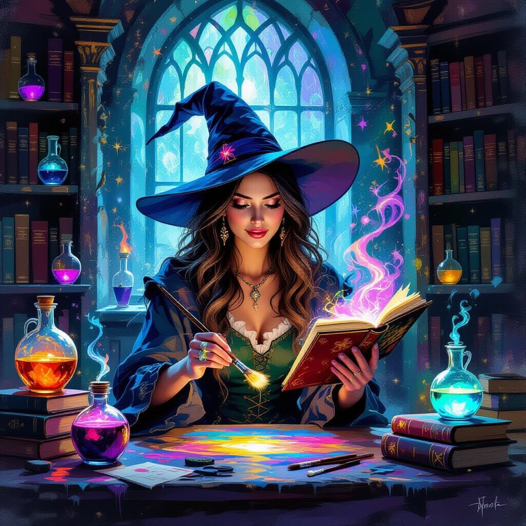 Exquisite Witch in Magical Studio, Gouache Watercolor Master...