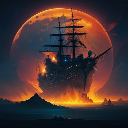 Ship Sails Through Molten Skies: Fantasy Concept Art
