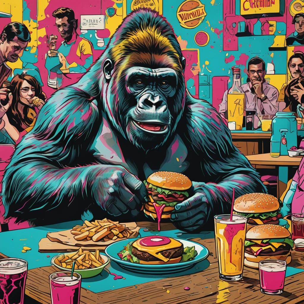 Gorilla's Burger: Pop Art Screen Print in Warhol Style