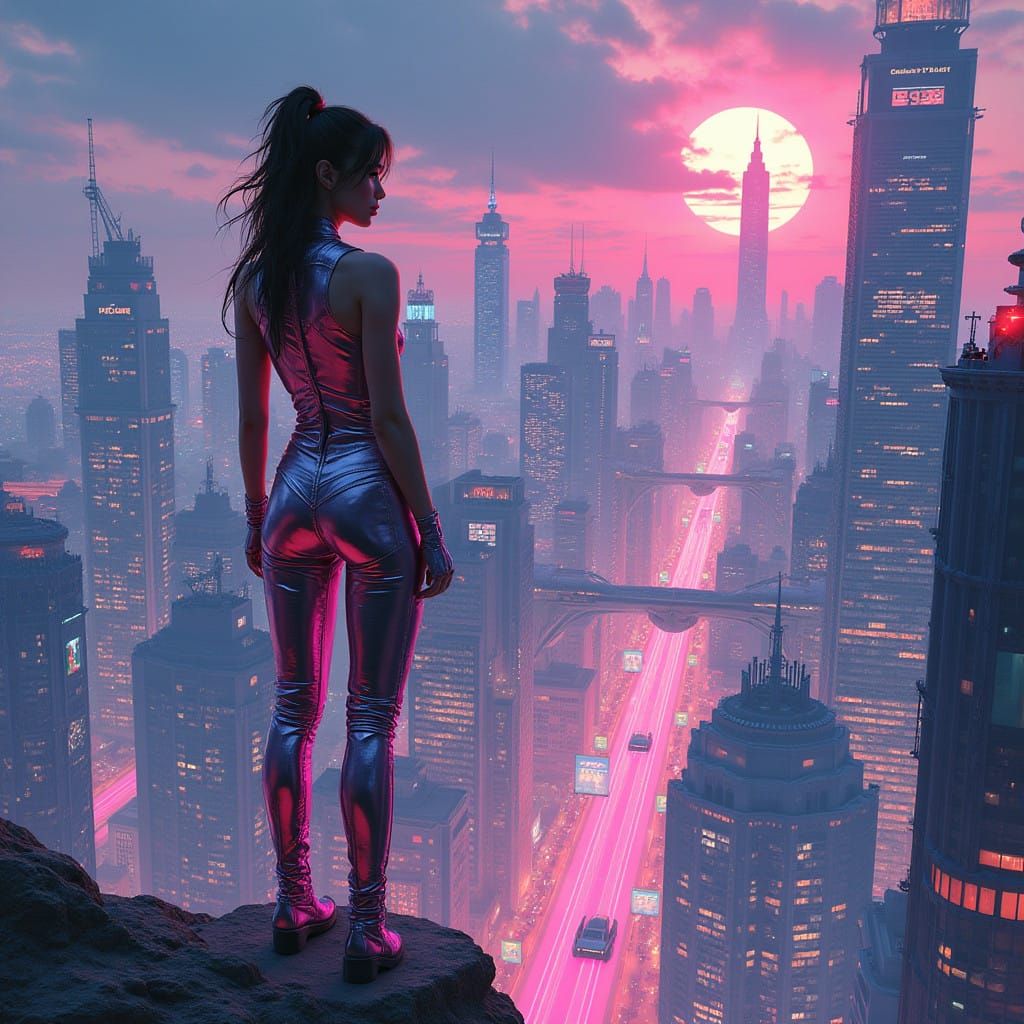Heroic Woman in Vibrant Cyberpunk Metropolis