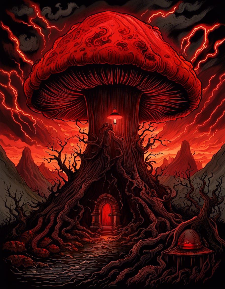 Giant Mushroom in Hellish Darkwave Landscape