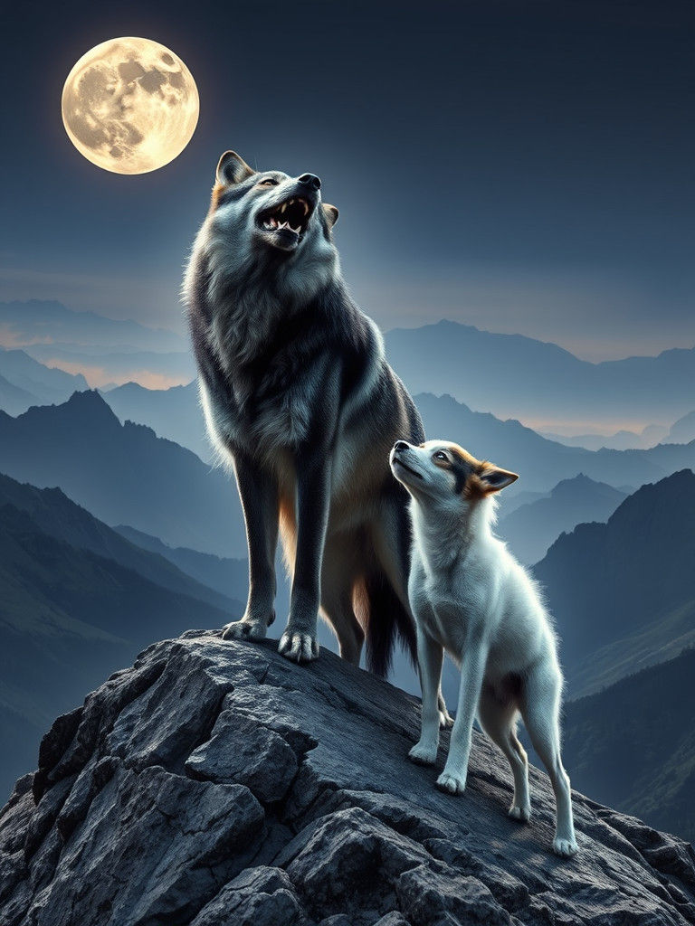 Majestic Wolves Howling at Moon on Plateau