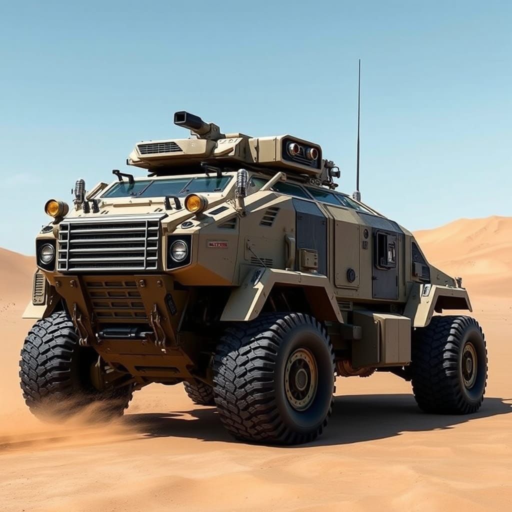 Futuristic Military Vehicle in Desert Environment