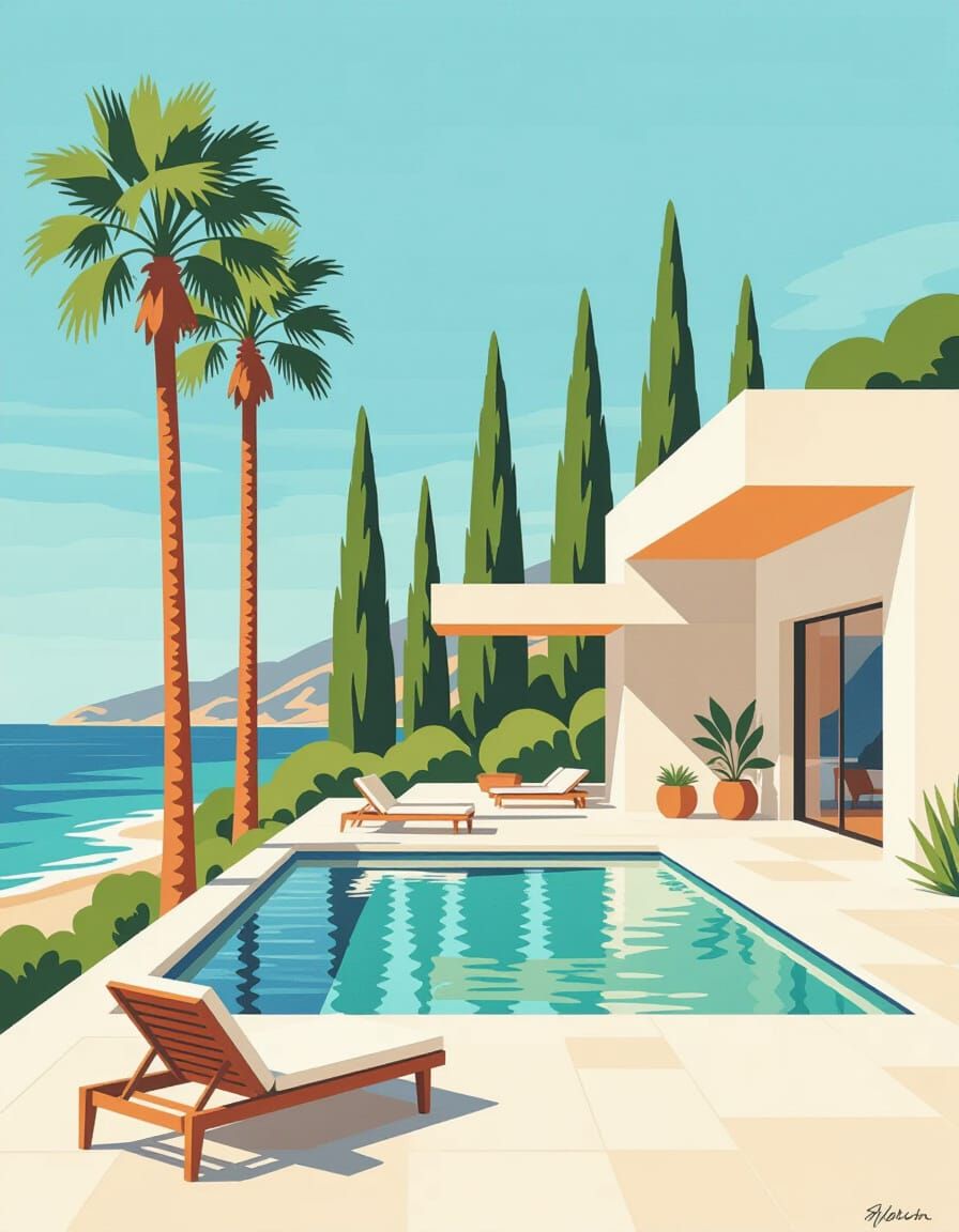 Modern House Near the Ocean in Abstract Style