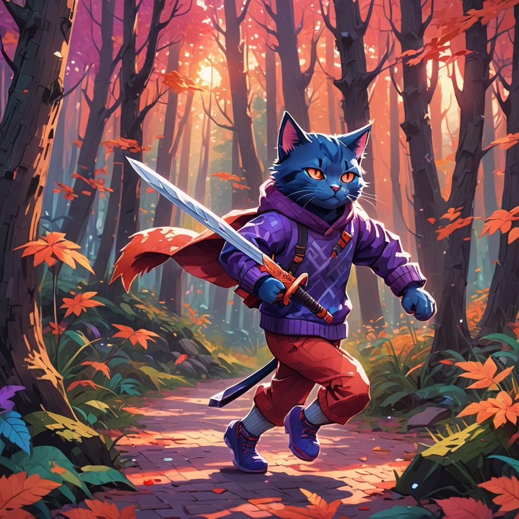 Anime Cat Boy Runs Through Forest in Pixel Art