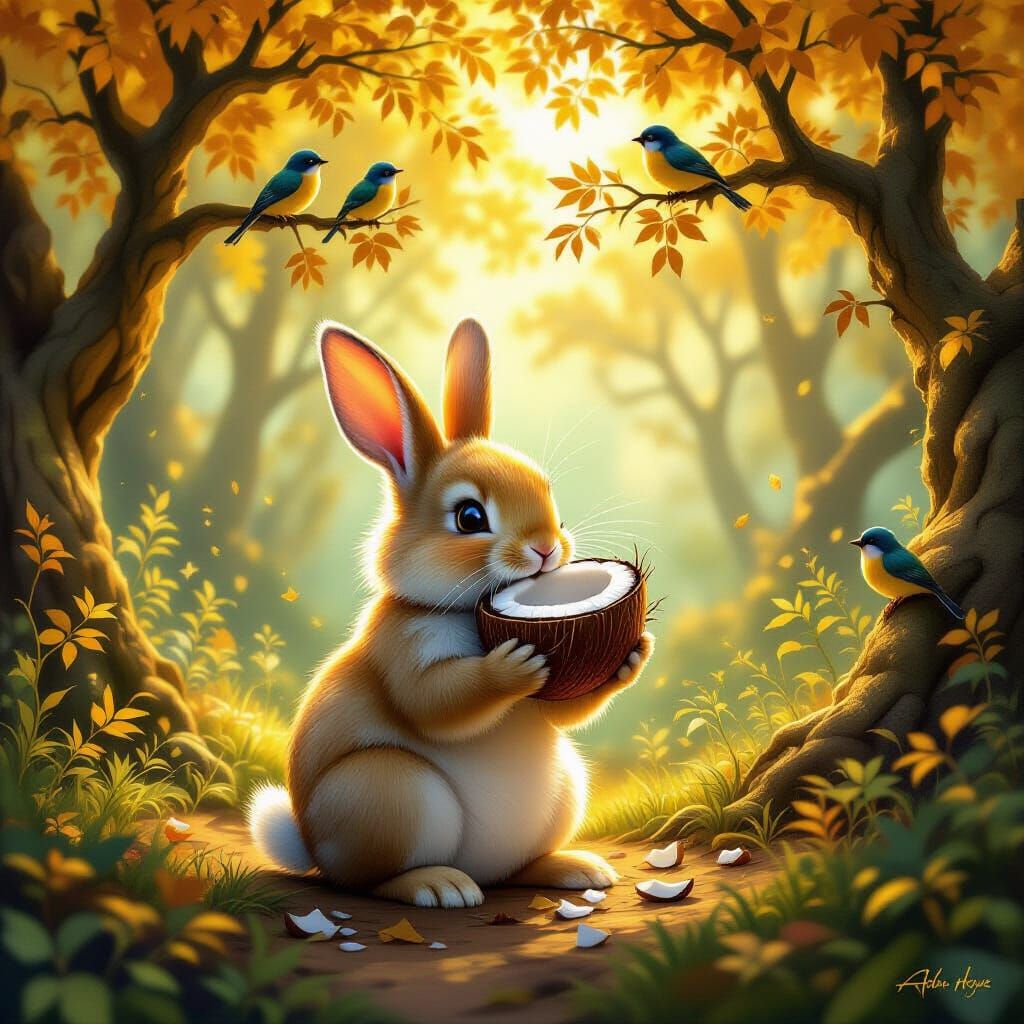 Rabbit Eating Coconut in Golden Forest with Singing Birds