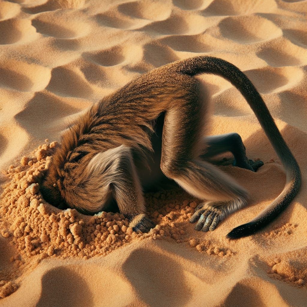 Monkey Buries Head in Warm Sandy Beach