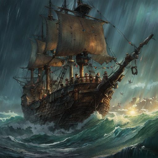 Pirate Ship Amidst a Stormy Sea
