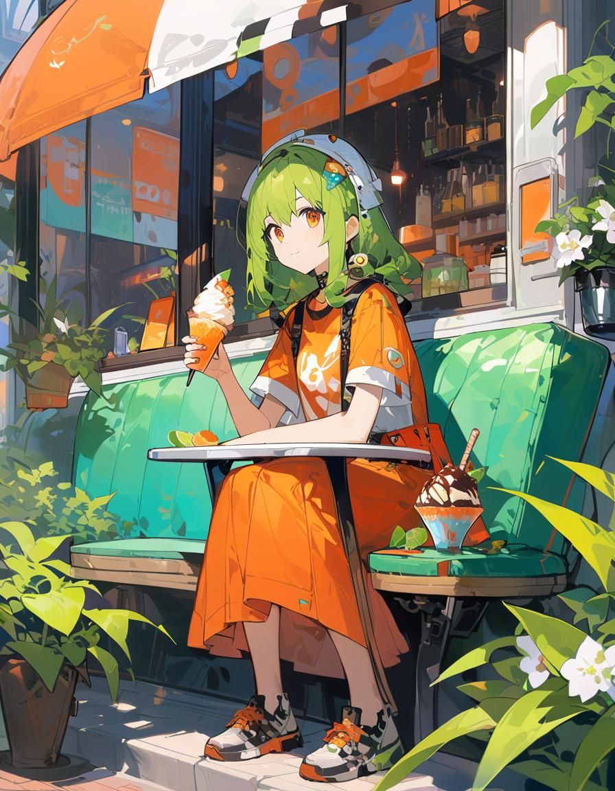 Retrofuturistic Girl Enjoys Ice Cream in Digital Art
